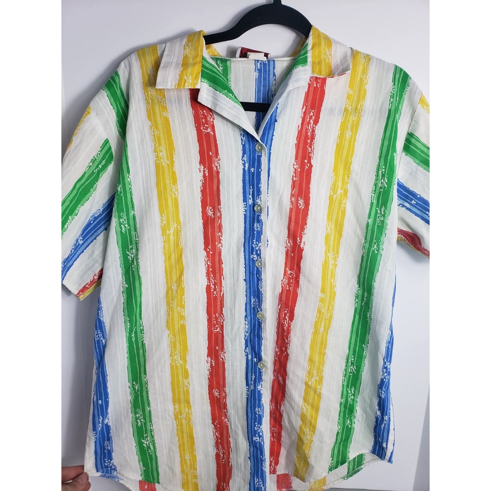 Vintage Trend Set Primary Color Stripe Button Up Shirt Made in USA Size 14